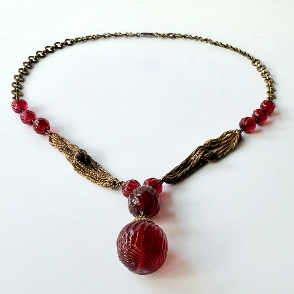 Vintage Louis Rousselet French Couture Red Glass Melon Bead Drop Chain Necklace - Picture 2 of 16